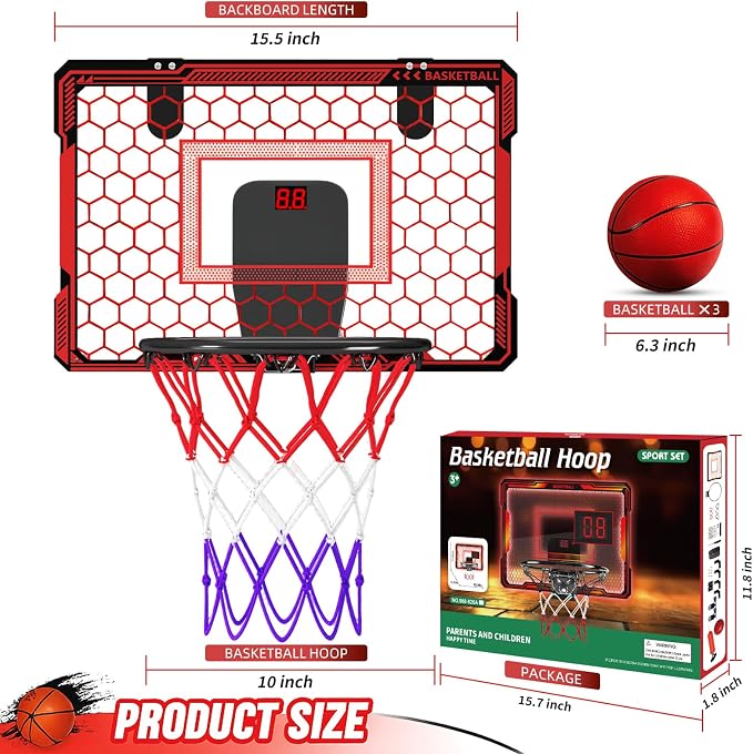 Molutsody Indoor Basketball Hoop for Kids, Over The Door Mini Hoop with LED Light & Scoreboard - Easy Install & Safe for Doors, Birthday for 5 6 7 8 9 10+ Year Old Boys (Red)
