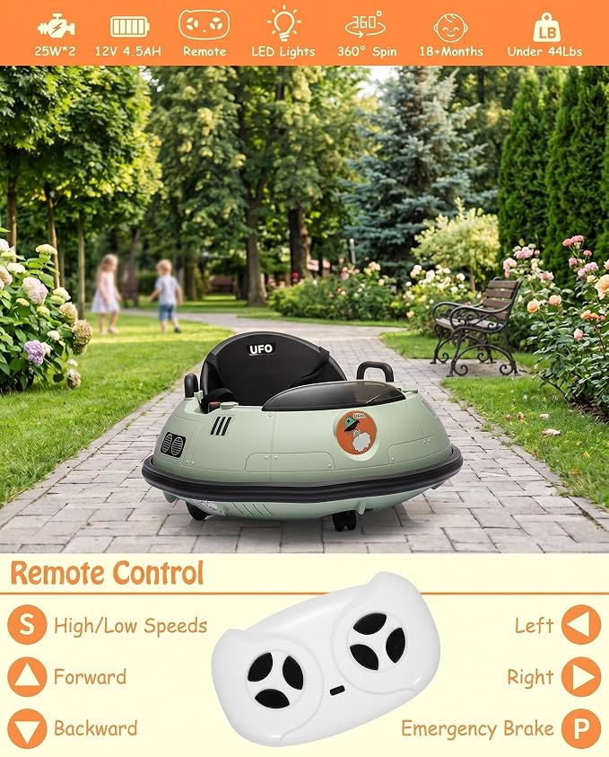Garvee 12V Kids Ride On Bumper Car with Parental Remote Control, 360° Spin Electric Toddler Bumping Car, LED Lights, Safety Belt & Music, Ride On Cars for 18 Months+ Toddlers