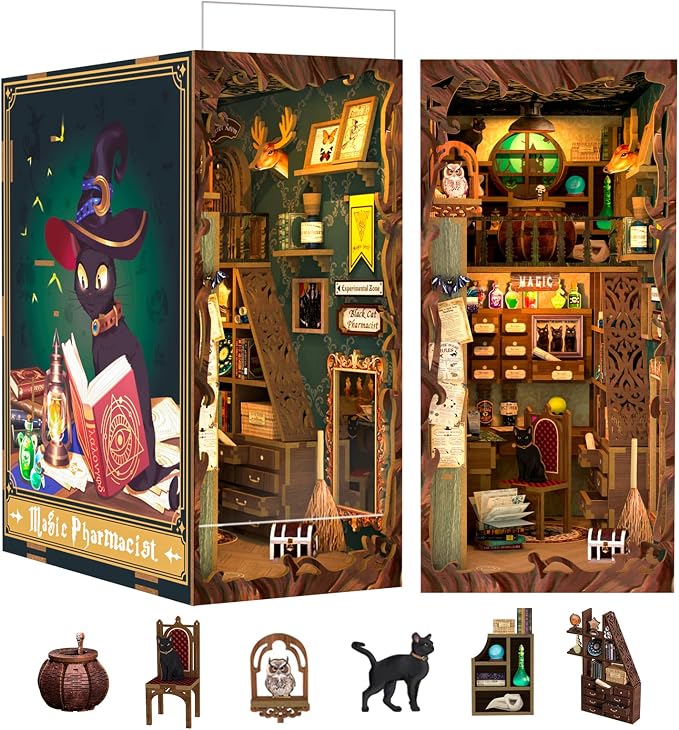 Cutefun Book Nook Kit, DIY Miniature Dollhouse Booknook for Adults, 3D Wooden Puzzle Bookend Bookshelf Insert Decor with LED Light, Gift for Craft Lovers (Magic Pharmacist)