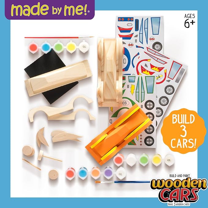 Made By Me Build & Paint Your Own Wooden Toys, DIY Wood Craft Kit, Easy to Assemble, 3 Cars