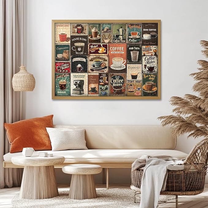 Vintage Coffee Collage Puzzles for Adults 1000 Pieces, PICKFORU Breakfast Food Jigsaw Puzzle Coffee Latte, Hard Difficult Retro Poster Theme for Home Wall Decor