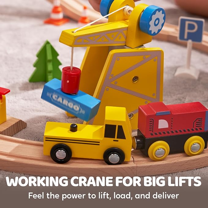 60PCS Wooden Train Set - Toy Magnetic Trains with Wooden Track Set for Kids Ages 3-8, Construction Crane Railway Set, Perfect Easter Birthday Gift for Grandkids Toddlers Boys Girls