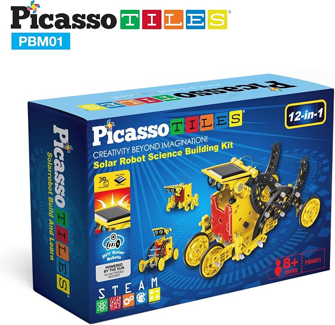 PicassoTiles 12-in-1 Solar Powered Transform Robot Set STEM Kids Educational Learning Engineering Building Toy Creative Unique Transformation Energy Science Experiment DIY Kit Boy Girl Age 8+ PBM01