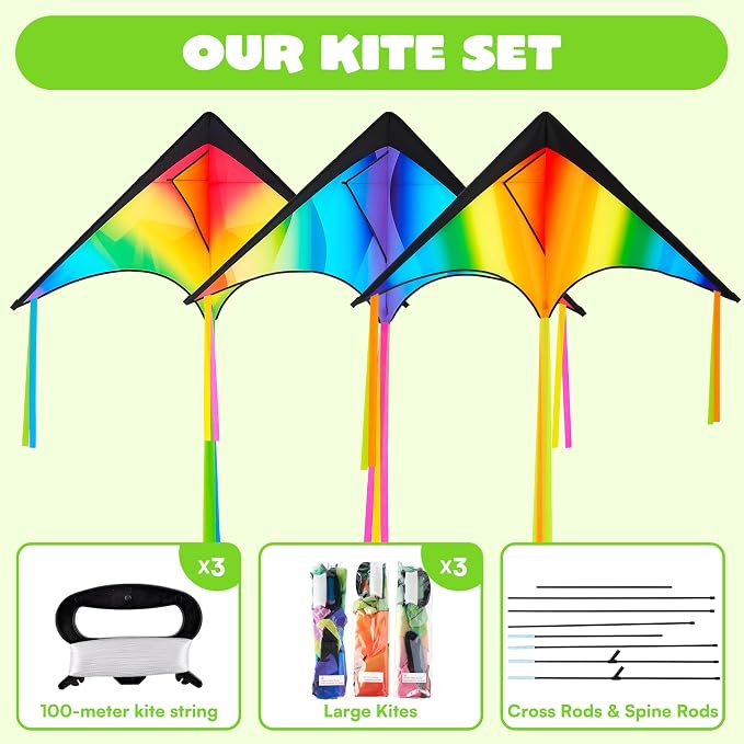 JOYIN 3 Packs Large Delta Kite Gradient Rainbow, Easy to Fly Huge for Kids and Adults, Large Delta Beach Kite for Outdoor Games and Activities