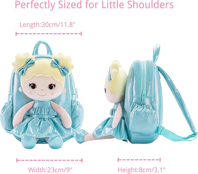 Lazada Toddler Backpack - Baby Girl Gifts Curly Fingerprints Plush Doll Dress Backpack - Fashion Girls Curly Rolled Fingerprints Series - Lake Blue 11 Inches