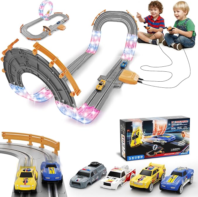 9.86ft 2-in-1 Slot Car Track Sets Toy - with 4 Cars, Battery or Electric Car Track Set with Dual Racing Game, Flash Circular Track, Lap Counter,Birthday Xmas Gifts Toys for Boys(S2-Concrete)