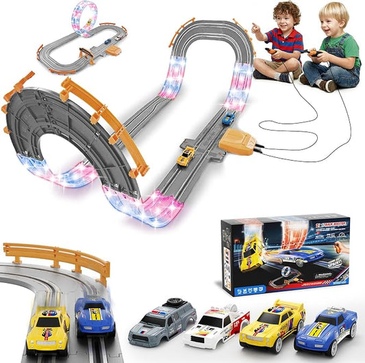 9.86ft 2-in-1 Slot Car Track Sets Toy - with 4 Cars, Battery or Electric Car Track Set with Dual Racing Game, Flash Circular Track, Lap Counter,Birthday Xmas Gifts Toys for Boys(S2-Concrete)