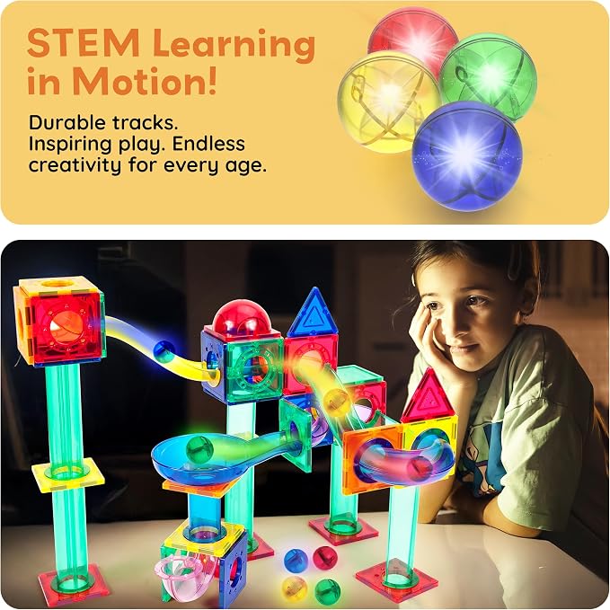 PicassoTiles Motion Activated Marbles 4pc LED Light-Up Glow in The Dark Translucent Balls for Marble Run Race Racetrack Maze Magnetic Construction Magnet Tiles Building Block STEM Education Kids Toys