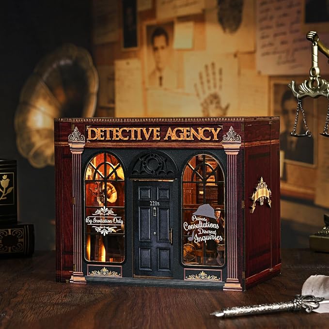 DIY Miniature House Kit, Dollhouse Detective Agency for Adults to Build, Birthday/Christmas Day Gift for Family and Friends, Prefab Tiny Home with LED Lights,Pipe & Deduction