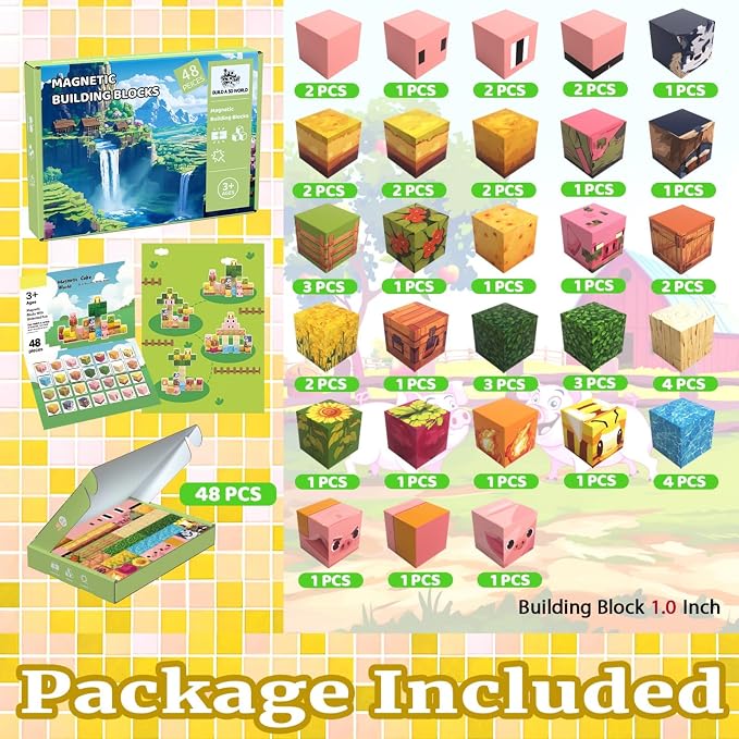 Magnetic Blocks, 48PCS Magnetic Tiles Building Blocks, Magnet Cubes STEM Sensory Game Toys Christmas Birthday Gifts for Kids Girls Boys Age 3+ (Piggy Forest)