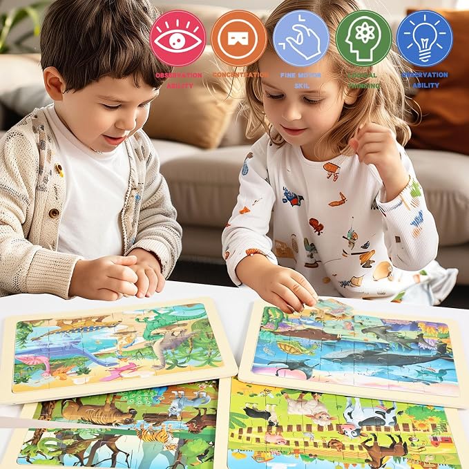 Wooden Puzzles for Kids Ages 4-6, 4 Packs 24 Pcs Wooden Jigsaw Puzzles for Toddlers Ages 3-5, Preschool Educational Puzzle Toys Gifts for 3 4 5 6 Boys Girls