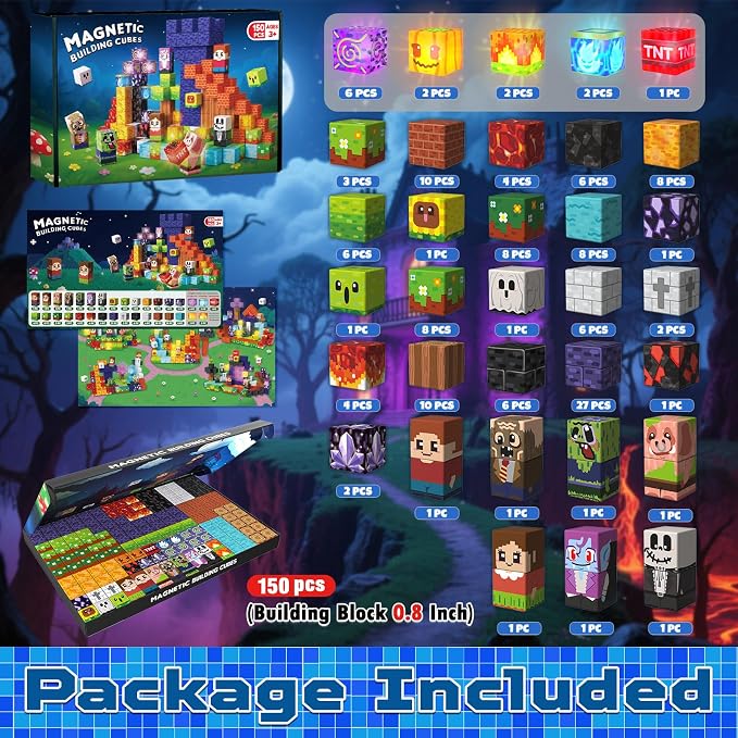 Goody King 150pcs Magnetic Blocks with Light Blocks, Stem Educational Magnet Toys for Kids Ages 3+, Montessori Magnetic Cubes, Creative Construction Building Cubes Set for Boys Girls