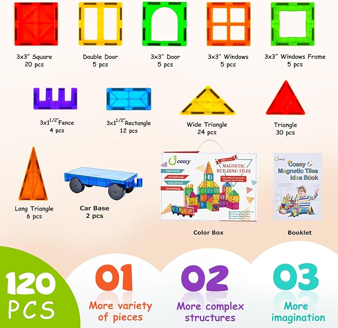 cossy 120Pcs Magnetic Tiles Magnetic 3D Building Blocks Set Educational Construction Toys for 3 4 5 6 7 8 Year Old Boy and Girl with Stronger Magnets, Educational Toys, Recreational, Conventional