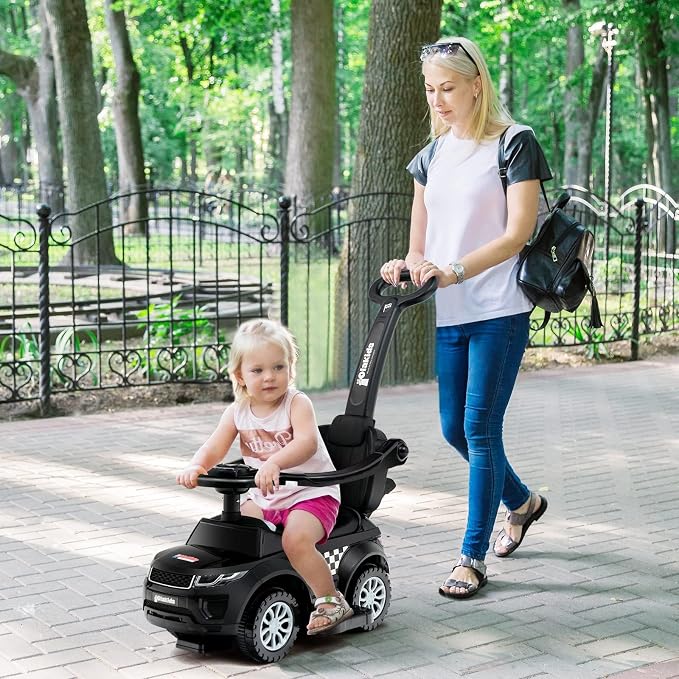 OLAKIDS 4 in 1 Ride on Push Car, Toddlers Stroller Sliding Walking with Horn, Music, Lights, Removable Guardrails and Handle, Underneath Storage, Foot-to-Floor Walker for Boys Girls (Dark)