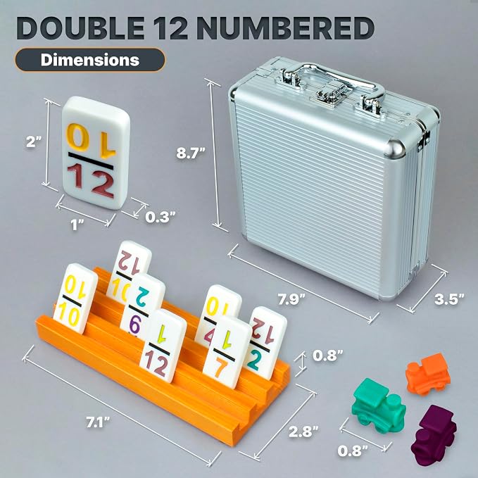 Queensell Mexican Train Dominoes Set with Numbers and 4 Holders - Wooden Hub and Domino Holders - Double 12 with Numbers (D12 Numbers + 4 Holders)