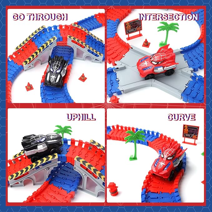 Spider Hero Monster Truck Toys for 3 4 5 6 7 8 9 Year Old Boys Girls: Race Track Set with 2 Spider Cars Electric Vehicle Kids Toys Gift for Boys Girls Age 3-9 Years Birthday Presents（212PCS）