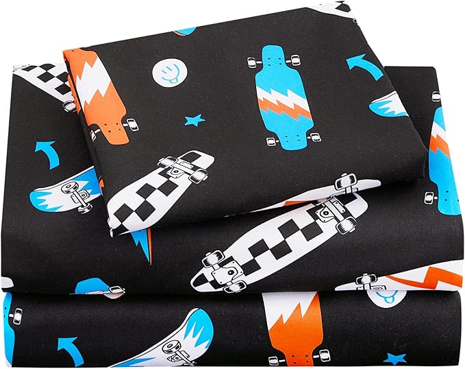 Viviland 3 Pieces Boys Black Twin Sheet Set - Soft Microfiber Fitted Flat Sheets & Pillowcase Bed Sheet Set - Cool Skateboard Bedding Sets for Kids