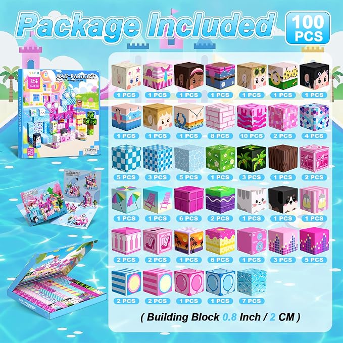 Magnetic Blocks for Girls, 100PCS 0.8inch Magnetic Building Blocks, Magnetic Cubes Sensory Toy for STEM Constructions Magnetic Blocks for Kids Ages 3 4 5 6 7 8 +, Girls Birthday Gifts