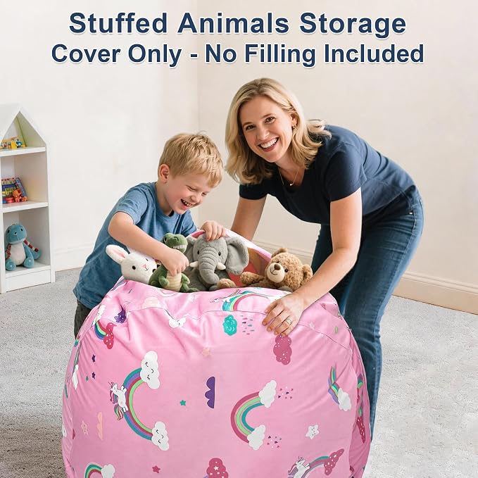 Lukeight Unicorns Stuffed Animals Storage Bean Bag Chair Cover for Kids Teens, Cozy Velvet Plush Toy Organizer Seat, Cover Only, No Filling Included, Long YKK Zipper, Side Pocket, XX-Large 36 x 20 in