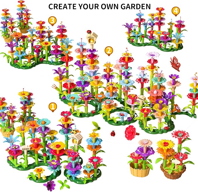 TEMI 224 PCS Flower Garden Building Toys for Girls Toys, Educational STEM Toy and Preschool Garden Play Set for Toddlers 3 4 5 6 7 8 Year Old Kids Boys Girls, Flower Stacking Toys for Kids Age 3-8