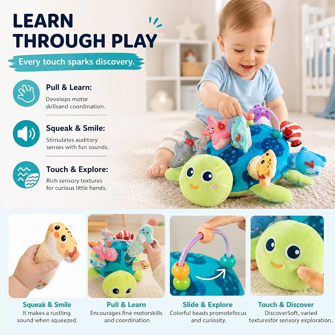 Baby Sensory Pull Out Toys – Soft Plush Turtle with 8 Detachable Baby Animals, Crinkle Paper & Rattle, Montessori Fine Motor Skill Toy for 6-12 Months Infant, Toddler 1-3 Year Old