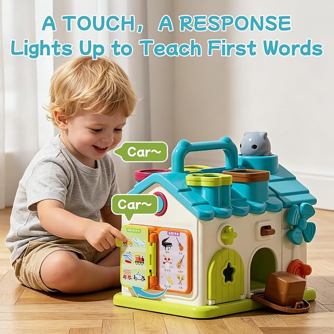 Baby Montessori Toys for 1-2 Year Old Boys Girls, 20-in-1 Musical Educational Activity House with 4 Shape Blocks, Fine Motor Sensory Toy for Toddlers 1-3, First Birthday Gift for 1 Year Old Boy Girl