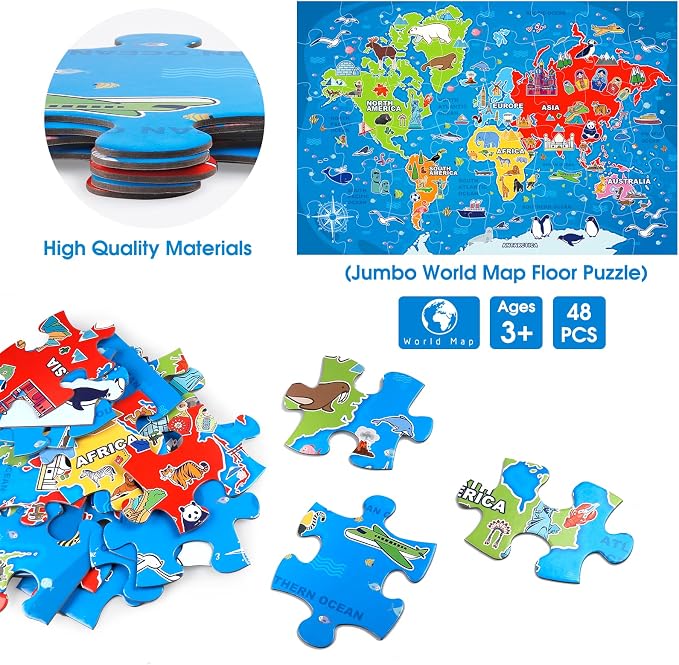 IFLOVE World Map Floor Puzzle for Kids — 48 Piece Jumbo Geography Jigsaw Puzzle, Globe Atlas Puzzle with Continents Animals Landmarks, Educational Toy Birthday for Boys Girls Ages 3-8