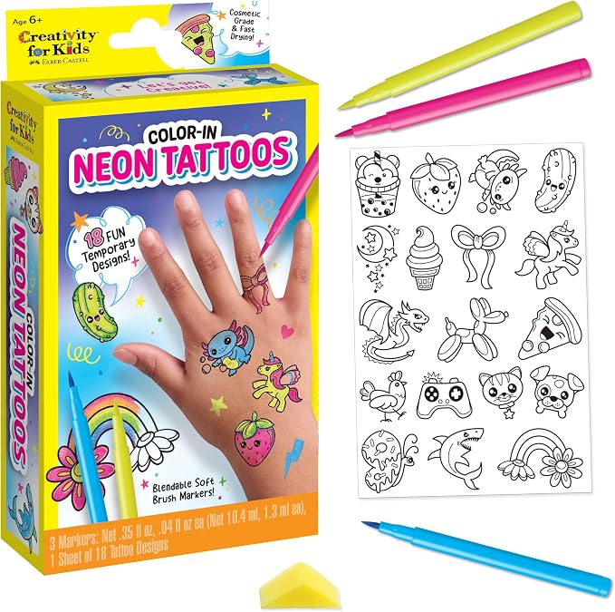 Creativity for Kids Color-In Neon Tattoos Mini Kit | Customize 18 Trendy Designs with Temporary Tattoo Markers | DIY Craft Kit for Kids | Great Activities for Summer (Ages 6+)
