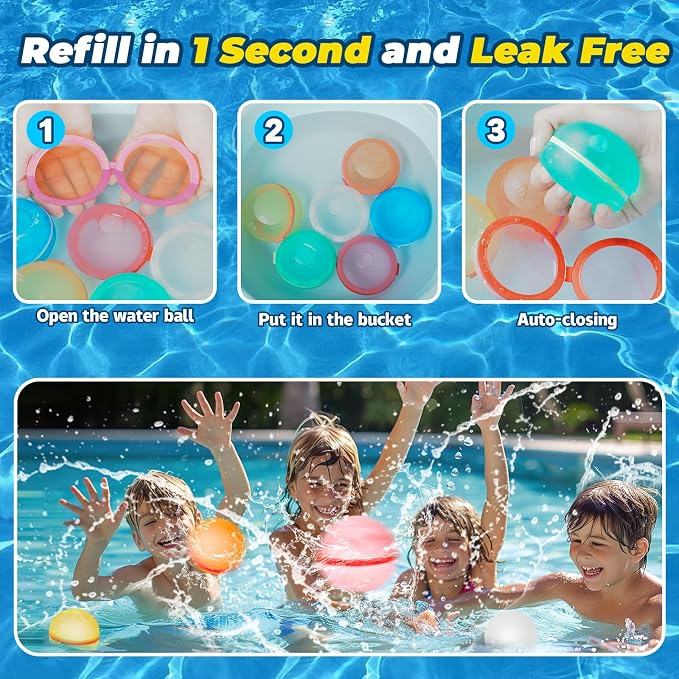 24Pcs Reusable Water Balloons, Magnetic Water Balls Quick Fill, Self-Sealing Water Toys for Kids Outdoor Games, Summer Pool Beach Party Fun