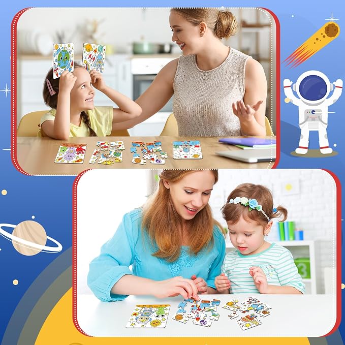 Realspring 24 Pack Outer Space Color Your Own Jigsaw Puzzles for Kids 3-5, 4-6, 6-8, Coloring Crafts DIY Paper Puzzles Party Favors Gifts for Toddler Children Learning Education Toys