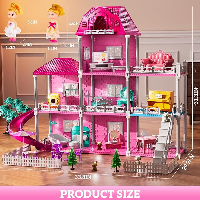 JUKUDAHU Villa Playset for Girls Ages 3-7, Indoor Playset Girls Toys with 3 Storeys 7 Rooms 2 Dolls for Ages 6-8, Furniture and Accessories, Pretend Toddler Toy, Birthday Gifts for Kids 3 4 5 6 7 8