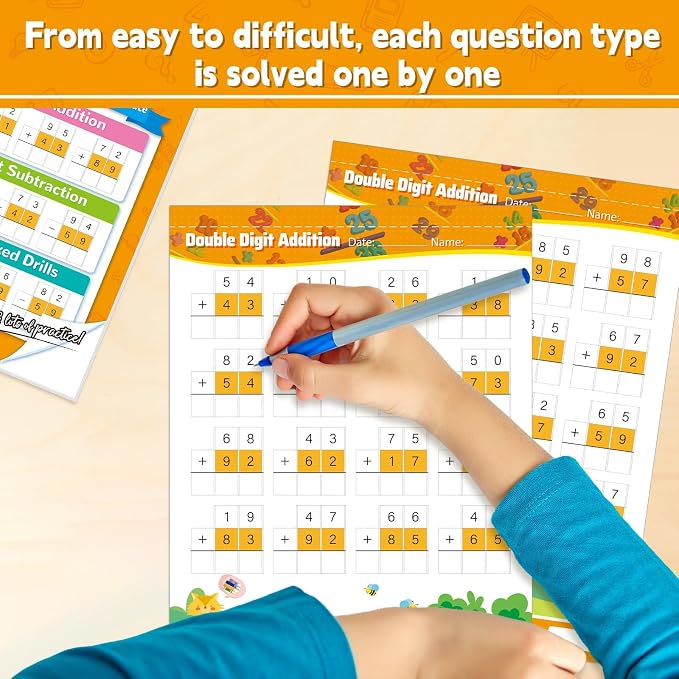 Addition and Subtraction Workbook Double Digit Math Problem Workbook for 1st Grade 2nd Grade 3rd Graders, Addition&Subtraction Worksheets for Ages 5-9, Math Repetition Exercise Daily, 56 Pages