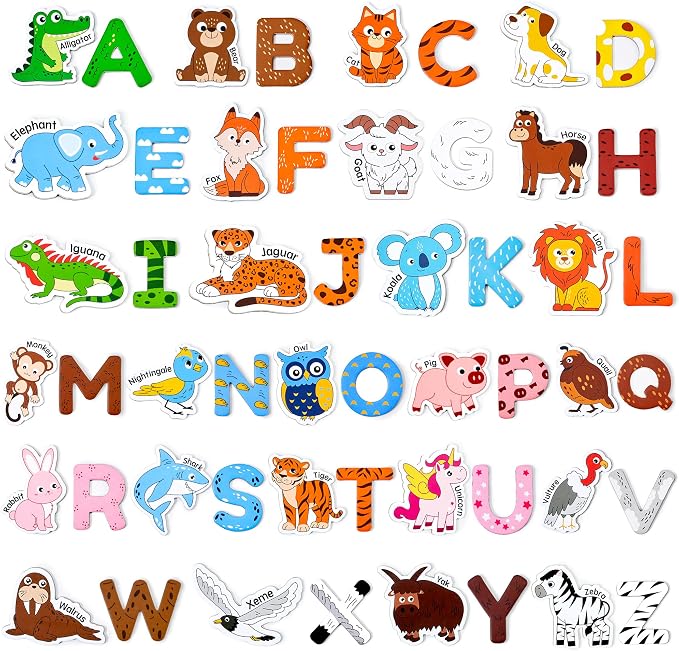 JoyCat Wooden Fridge Magnets for Toddlers – 26 Cute Animals & Uppercase Letters, Large Refrigerator ABC Alphabet Magnets Set for Kids, Preschool Learning Spelling Alphabet Gifts Toy for Ages 2+