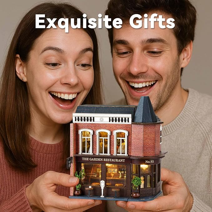 Flever Dollhouse Miniature DIY House Kit Creative Room with Furniture for Romantic Valentine's Gift (Corner Restaurant)