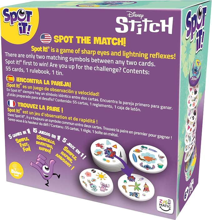 Asmodee Spot It! Disney Stitch - Quick Observation Card Game Featuring Beloved Characters, Fun Matching Game for Kids and Adults, Ages 6+, 2-8 Players, 15 Minute Playtime
