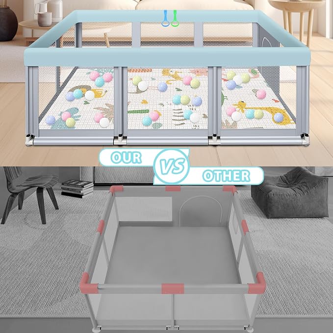 Fshibila 74" ×50" Large Baby Playpen, Baby Playard for Babies and Toddlers, PlayPen for Indoor & Outdoor, Sturdy Safety Play Yard with Soft Breathable Mesh, Ball x 18, Handle x 2, Mat x 1, Grey