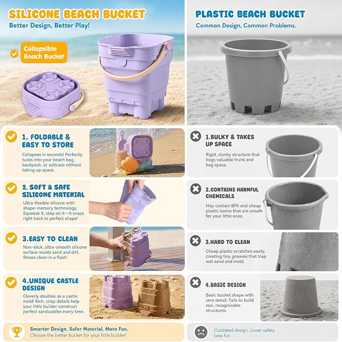 AuntyFey 11Pcs Silicone Beach Toys, Baby Beach Sand Toys, Sand Sandbox Toys for Toddlers 1-3, Collapsible Sand Buckets for Kids with 4 Plastic Sand Mold, 3 Silicone Castle Sand Mold and Mesh Bag