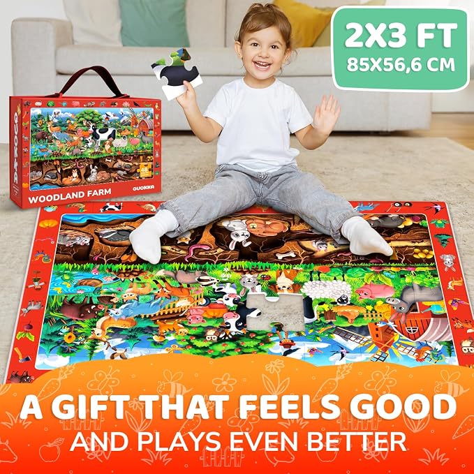 QUOKKA Giant Floor Puzzles for Kids Ages 4-6 – 2x3 Ft Search and Find Jumbo Jigsaw Puzzles for Kids Ages 3-5 – 48 Above and Beyond Farm Animals Scene for 4-8 yo – Toy with Gift Box for Toddlers