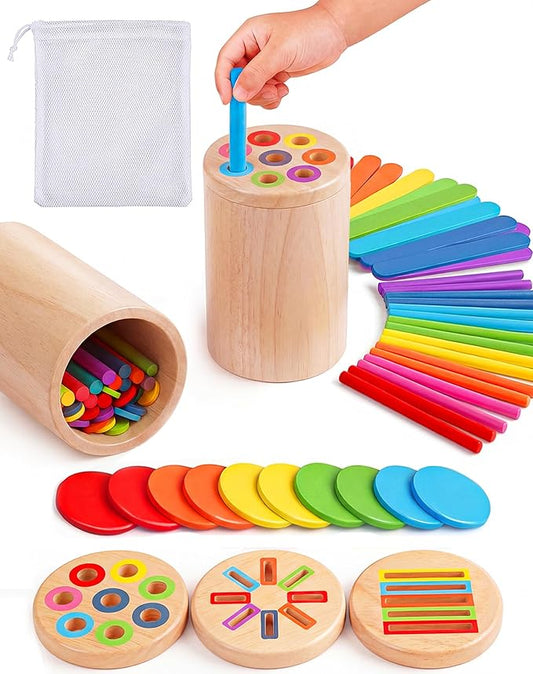 Wooden Montessori Toys for 1, 2,3 Year Old: 3 in 1 Fine Motor Skills, Learning Color Matching Sorting Sensory - Easter Basket Stuffer for Toddler Boy Girls - 18 Month