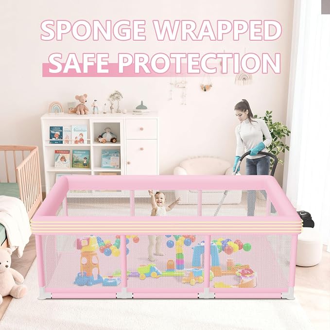 Hiaksedt Large Baby Playpen 74"x50", Baby Girl Play Pen for Babies and Toddlers Pink, Safe Structure and Soft, Skin-Friendly Fabric with Zipper Gates