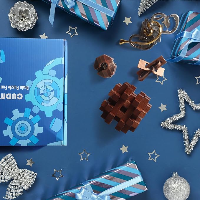 CUDNY 7 Pieces Cool Unlock Interlock Brain Teaser Puzzles Retro Wooden and Metal Puzzles IQ Logic Fun Puzzle Box Challenge Game