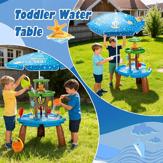 Water Table for Toddlers with Water Pump and Fishing Game Set 3-Tier Kids Sand Water Table with Umbrella Sensory Outdoor Toys for Kids Ages 4-8 Outside Toys Backyard for Kids Toddlers Age 3-10
