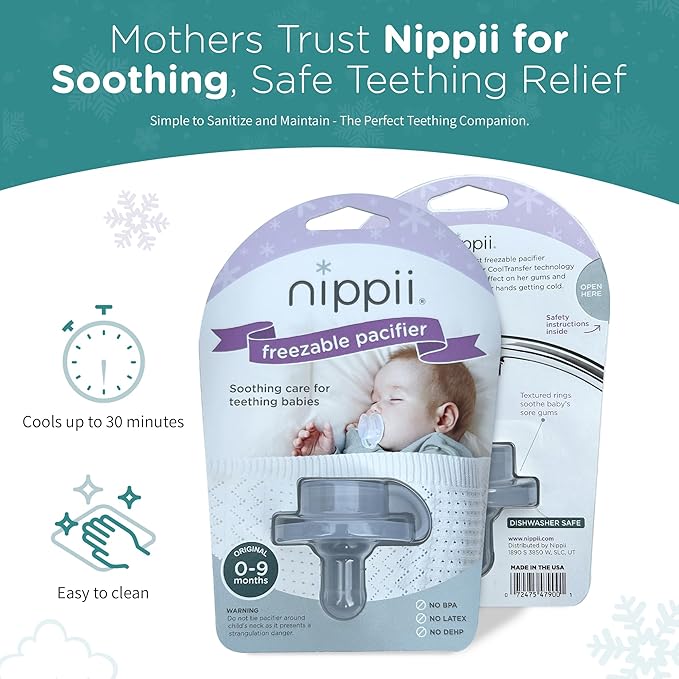 Nippii Freezable Teething Pacifier, Baby Teether Toys 0-9 Months, BPA Free | Hands-Free, Medical-Grade Silicone, Water-Fillable, Cold. Infant 0-3mo, Baby 3-6mo, 6-9mo. Made in USA, CPSC Compliant
