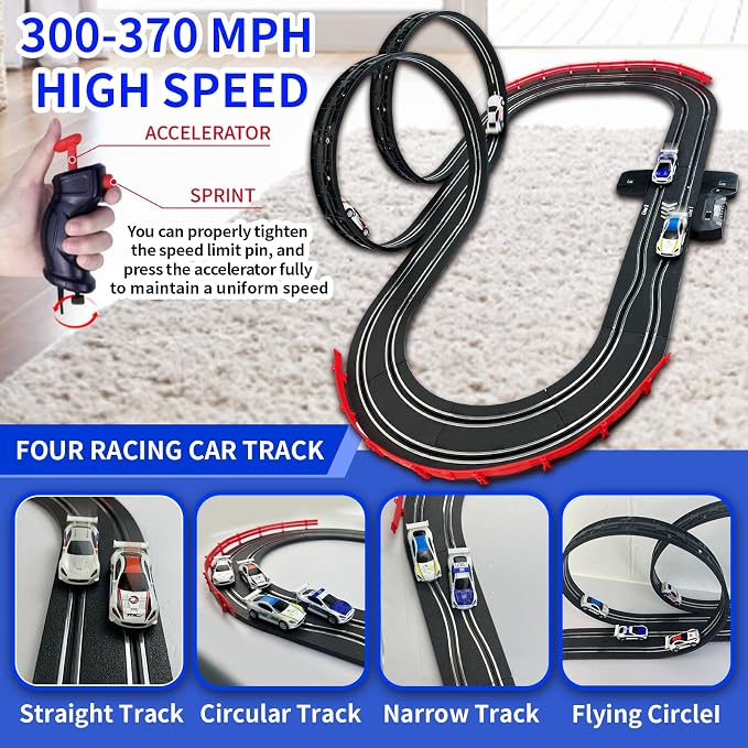 AGM MASETCH Slot Car Racing Track Set with 4 Unique Slot Cars, Battery Powered or Electric Car Track, Gift Toys for Boys Girls 4-12 Years Old