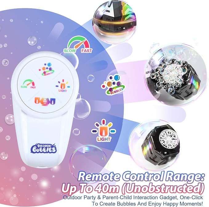 New RC Bubble Machine with RGB Lights, 360° Auto Rotation Bubbles Toy, Rechargeable Battery, Bubble Blower Maker for Kids, Parties, Birthday Gift, Weddings, Indoor Outdoor Activity, Black