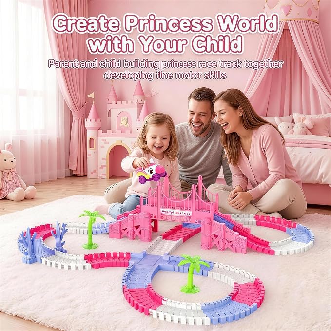 Race Car Tracks Toy Set for Girls Age 3-8, 214PCS Pink Princess Cars Toys | with Monster Truck & Magic Bendable Train Tracks, Flexible DIY Raceway Set for Toddler Girls Christmas Birthday Gifts