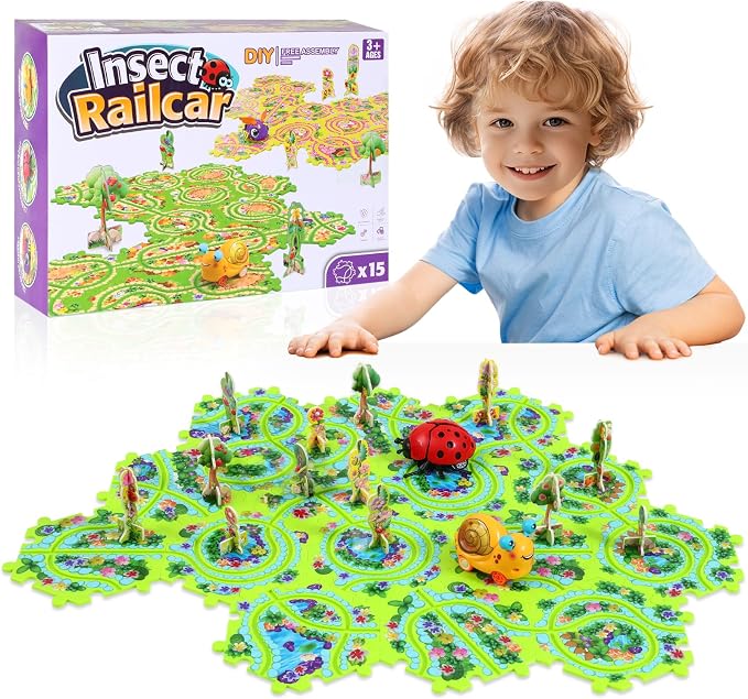 15Pcs Puzzle Racer Kids Car Track Set for Kids, Race Tracks for Toddlers Ages 3-8, Puzzle Track Car Play Set, Educational Puzzles Cars Toys Gifts for 3 4 5 6 7 Year Old Boys (Snail Ladybug)