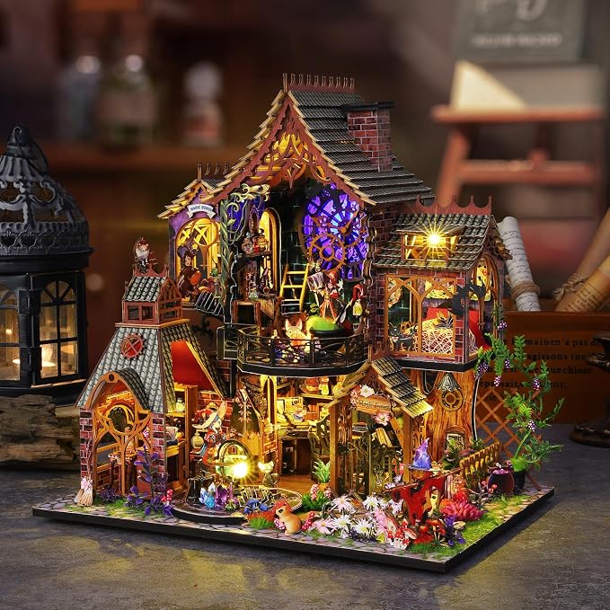 Plustopoy DIY Miniature House Kit,Tiny House Model Kit Dollhouse with Light & Tools, DIY Wooden Dollhouse Miniature Kit for Adults and Teens, Creative Craft Magic House Kit, Home Decor(Magic Spirit)