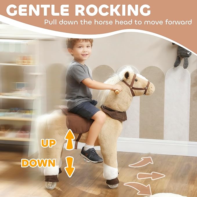 Qaba Ride on Horse for Kids 3-5 Years, 31.5 Inch Height Plush Riding Pony, Walking Horse Animal with Rolling Wheels for Active Play, No Batteries Required, Brown