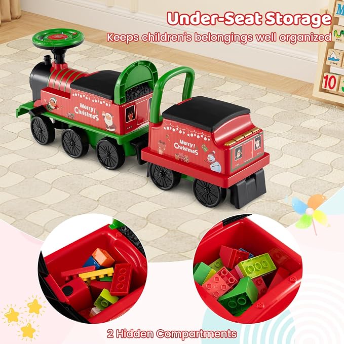 Costzon 2-Seater Ride on Train with Carriage, 6V Ride on Toy w/Under-Seat Storage, Footrests, Train Whistle, Music & Colorful Flashing LED Lights, Electric Car for Kids Aged 18+ (2 Seaters, Green)